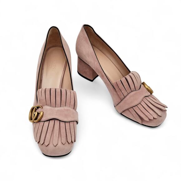 Gucci GG Marmont Fringe Block Heel Pump Pink Suede Square Toe Size 38.5 US 8.5 - Picture 2 of 12